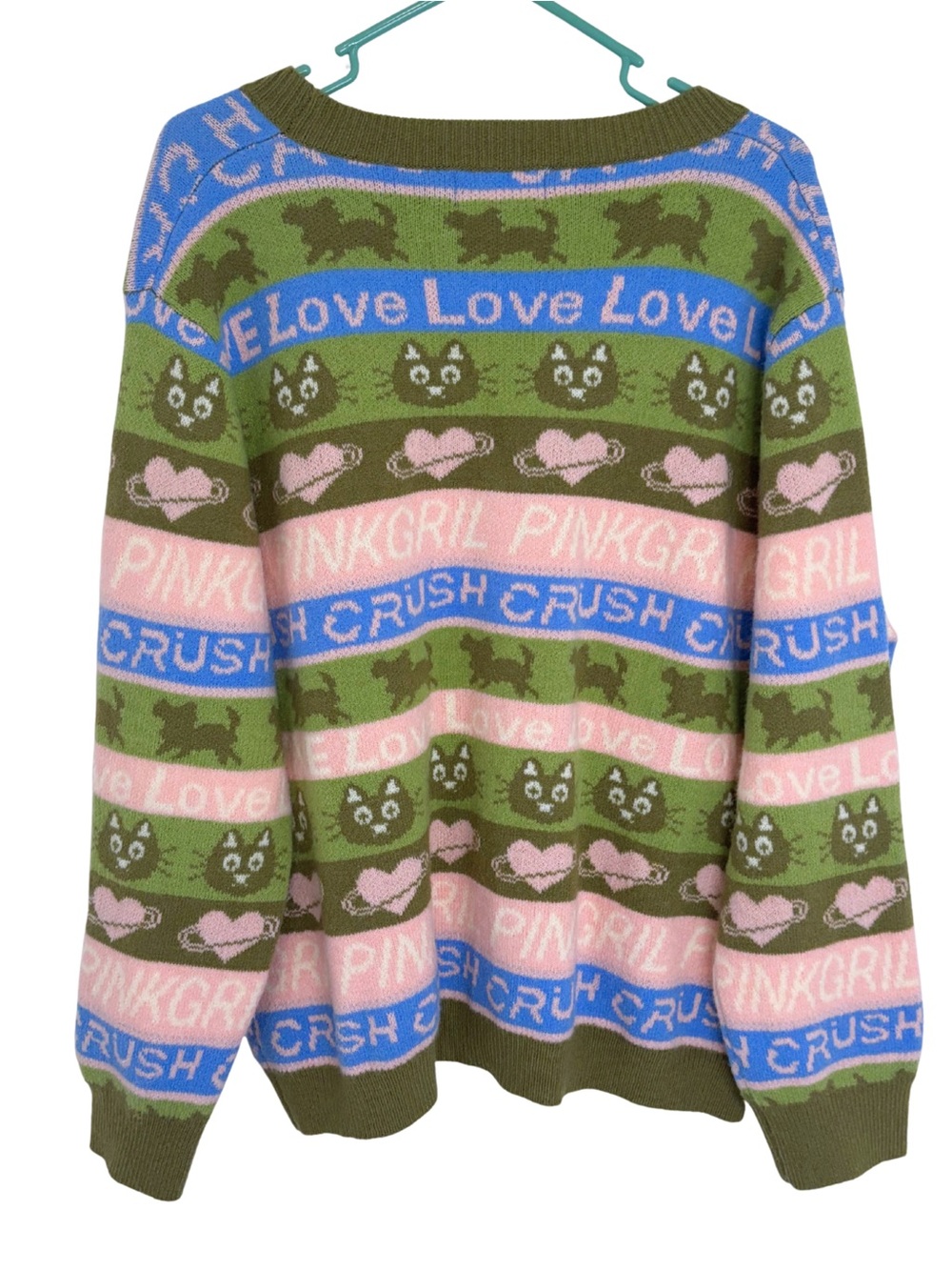 Cider Green Pink & Blue Cat Pinkgril Love Crush Long Sleeve V-Neck Cardigan - Picture 2 of 4